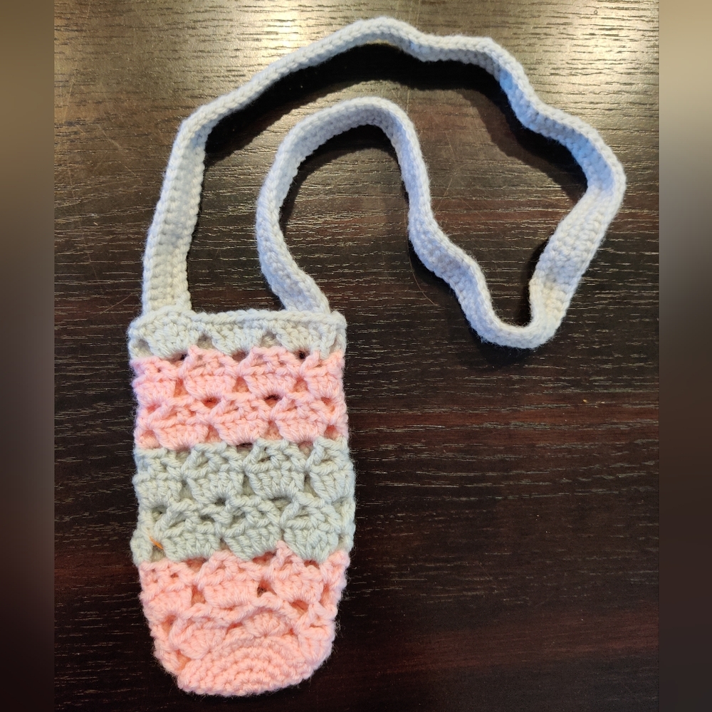 Handmade Crochet Pink and Gray Water Bottle Bag